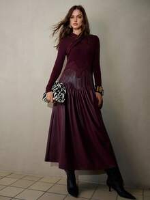 MOTF PREMIUM WOMEN'S AUTUMN/WINTER PU PLEATED KNIT PATCHWORK LONG SLEEVE MID-LENGTH DRESS - Rust Brown - View 3