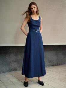 MOTF PREMIUM SPRING/SUMMER WOMEN'S ASYMMETRIC PLEATED WAIST FLARED DENIM DRESS - Blue - View 4