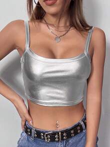 SHEIN ICON Top de tirantes de color metálico unicolor crop PU - Plateado - Ver 7