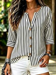 Breezaya New Women's Casual Loose Slimming Design 3/4 Sleeve V-Neck Striped Shirt - Black and White - View 1