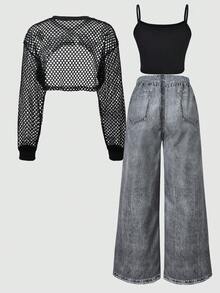SHEIN 青少年女孩 3件組/套圓領：寬鬆街頭風丹寧效果長褲、短版背心、長袖連帽網紗運動衫 - 時尚款 - 黑色 - 查看 7
