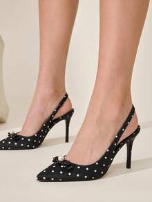 CUCCOO CHICEST Women Shoes Spring And Summer New Models, Polka Dot Satin Pointed Back Empty Sandals, Pearl Bow Stiletto High Heels, Gentle And Sweet Style, Daily - Black - View 3