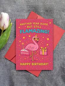 1PC Vibrant Pink Flamingo Birthday Card Funny Humorous Glossy Finish Greeting Card For Adult Friend Family Colleague Coworker Office Party Celebration Envelope Included Unique Fashionable Gift Idea - multicolor - View 2