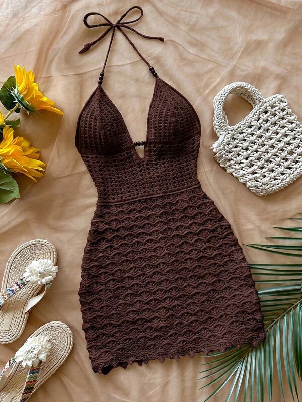 Soleia Sexy Breezy Tropical V-Neck Hollow Out Wooden Bead Trim Fitted Women's Knit Sweater Dress, Spaghetti Strap Tie Back Open Back Dark Brown Knitted Dress