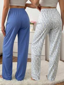 SHEIN Cotton Line 女款花卉印花高腰休閒舒適睡褲 2 件組 – 多色 - 彩色 - 查看 2