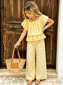Elladie kids 2件組少女可愛甜美雛菊花卉印花方領泡泡袖上衣 + 優雅休閒寬腿褲套裝 - 黃色 - 查看 1