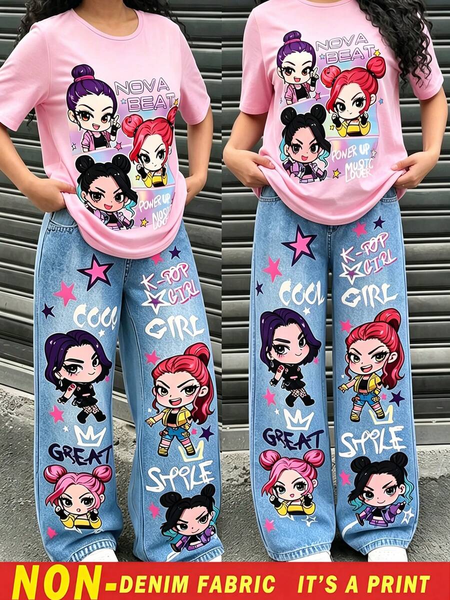 Genkimix Kids 卡通青少年女孩印花短袖上衣與牛仔長褲套裝,柔粉色上衣搭配水洗藍寬腿褲,多款卡通塗鴉裝飾打造豐富設計感,寬鬆版型舒適穿著,打造個性街頭風造型 - 彩色 - 查看 1