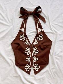 Soleia 女款花卉刺繡後綁帶掛脖蝴蝶結抓皺短版背心，音樂祭穿搭 - 咖啡棕 - 查看 5