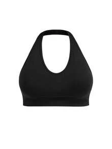 SHEIN Cheerettes Women's Plus Size Seamless Solid Color Daily Fitness Halter Neck Black Sports Bra High Stretch Breathable Moisture Wicking Halter Neck Removable Pads - Black - View 4