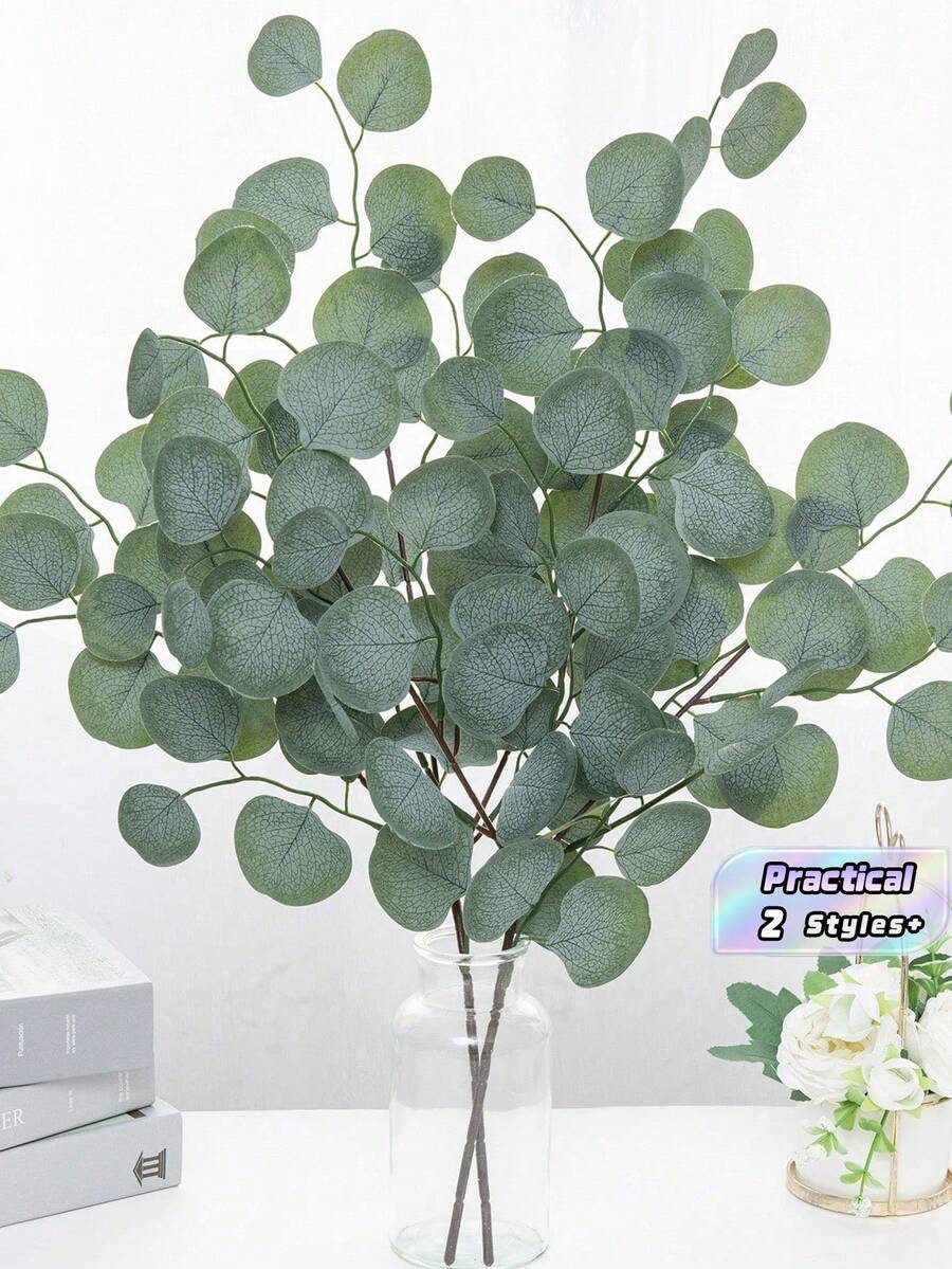 2/3pcS Leaf Artificial Eucalyptus Fake Plants Stem Faux Eucalyptuses Wedding Bouquet Centerpiece Home Decor (Green) - 1 Plant - View 1