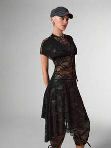 COUREZ Lace Tie Front Midi Dress/Y2K Summer Outfits Dresses For Women Cute Knit Tops Going Party Rave Fall Outfits Concert Layering Dress Black Dress - Black - View 5