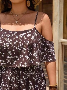 SHEIN LUNE Plus Size Vacation Casual Ditsy Floral Off-Shoulder Spaghetti Strap Dress Beach Vacation White - Multicolor - View 8