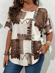 EMERY ROSE Plus Size Women Geometric Print Round Neck Short Sleeve T-Shirt,Beige Summer Smart Casual Vacation Loose Tops,Spring Country Style Beach Clothes - Multicolor - View 8