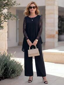 EMERY ROSE Conjunto de top de manga larga con encaje en contraste y pantalones para mujeres de mediana edad - Negro - Ver 3