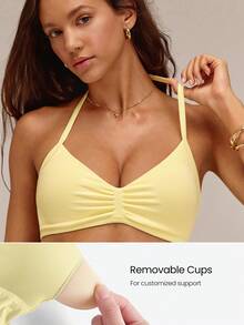 GLOWMODE Ultrafine Soft Seamless Work It Out Thin Strap Halter Top With Open Back Design & Removable Cups Training Workout Gym Fitness Summer Wear - French Vanilla - View 3