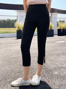 DAZY Women's Solid Color Casual Versatile Skinny Capri Pants With Slit Fall,Winter School - Black - View 12