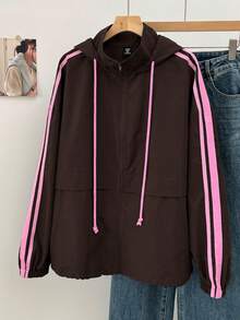 SHEIN EZwear Jaket Berkerudung Bergaris Kontras Cokelat Ukuran Besar untuk Musim Gugur - Chocolate Brown - View 1
