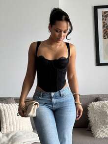 leahseptember حمالة صدر نسائية سوداء بالكامل متطابقة ضيقة مع رقعات دانتيل، توب كورسيه دانتيل زهري فاخر بحمالة رقبة مع حافة منحنية كاجوال صيفي - الأسود - مشاهدة 3
