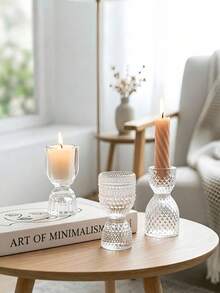 Haus Hana 1pc Embossed Glass Candle Holder, European Style Clear Tealight Stand, Light Luxury Home Decor For Living Room, Dining Table, Mantel, Shelf, Romantic Ambiance For Wedding, Party, Dinner - multicolor - View 1