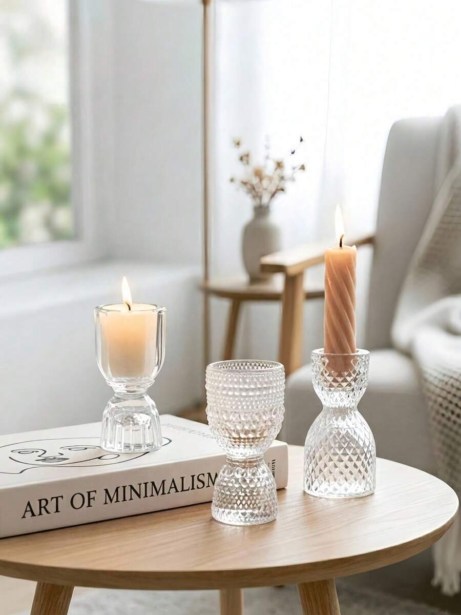 Haus Hana 1pc Embossed Glass Candle Holder, European Style Clear Tealight Stand, Light Luxury Home Decor For Living Room, Dining Table, Mantel, Shelf, Romantic Ambiance For Wedding, Party, Dinner - multicolor - View 1
