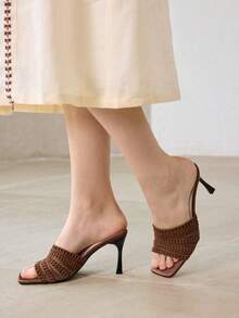 MOTF NEW COFFEE BROWN THIN HEEL SQUARE TOE WOVEN SURFACE FASHIONABLE VERSATILE WOMEN'S HIGH HEEL SANDALS SUMMER - Coffee Brown - View 4