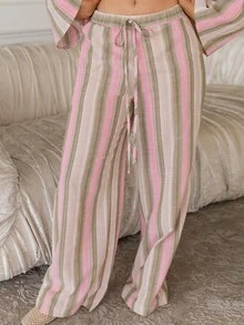 Andrea Bello Women's Pink Stripe Cotton Linen Long Pants,Casual Wide Leg Summer Boho Beach Vacation Holiday Trousers,Elegant Natural Style Resort Wear Fall - Multicolor - View 7