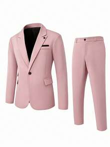 Manfinity Mode Men's Notch Lapel Long Sleeve Jacket And Pants Casual Commute Suit Set - Baby Pink - View 4