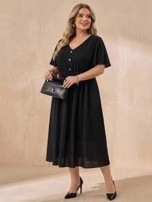 SHEIN CURVE+ Women's Plus Size Summer Casual Vacation Cinched Waist V-Neck Short Sleeve Pocket Black Conservative Dress - Black - View 4
