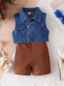 SHEIN Genkimix Kids 女童單排扣牛仔背心與純色細肩帶連身褲休閒日常兩件套 - 棕色 - 查看 3
