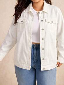 SHEIN CURVE+ 大码休闲百搭纯色牛仔外套 - 白色 - 查看 3