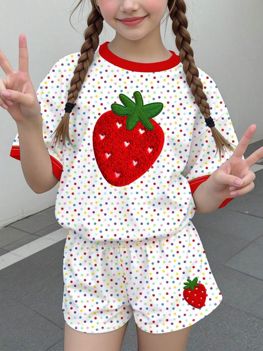 女童休閒極簡可愛夏季草莓水果圖案、彩色波點印花、甜美奶油風、度假風、短袖短褲兩件套,適合夏季,圖形設計,舒適,女童套裝,Y2K,Kawaii - 彩色 - 查看 1