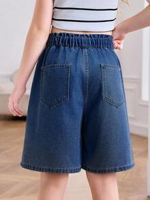SHEIN Tween Girl Spring Summer Basic Casual Light Washed High Waisted Loose Fit Ruffle Waist Drawstring Denim Long Shorts With Bowknot And Rolled Hem Pockets, Summer Beach Boho Vacation Comfortable , Summer Rave Concert Festival College Style - Dark Wash - View 2