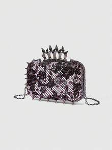 ROMWE Grunge Punk Women Evening Clutch Bag, Simple Solid Color With Rivet Decor, Fashion - Pink - View 2
