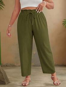 Travachic Plus Size Women's Solid Color Ruffle Waist Tie Casual Tapered Pants Fall - Green - View 1