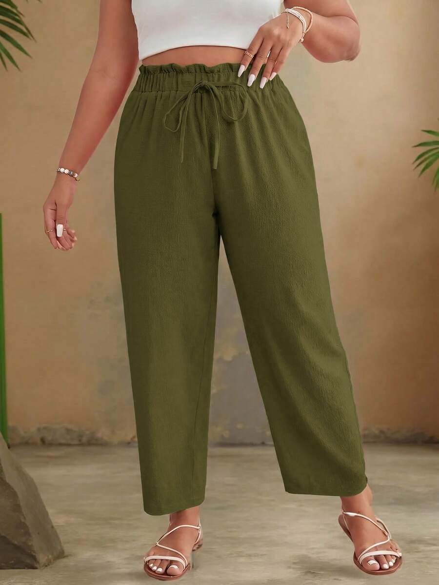Travachic Plus Size Women's Solid Color Ruffle Waist Tie Casual Tapered Pants Fall - Green - View 1