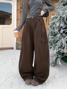 DAZY Tween Girl Solid Color Minimalist Pocket Button Loose Wide Leg Cargo Denim Jeans - Brown - View 4