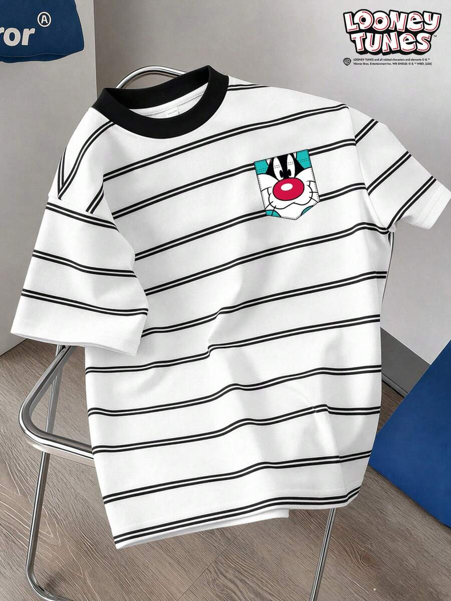 LOONEY TUNES X SHEIN Manfinity Joysei 男士休閒極簡條紋趣味卡通T恤 - 白色 - 查看 1