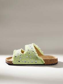 Solecia Sandalias planas de verano para mujer con diseño de borde rugoso con strass, hebilla ajustable y plantilla de corcho, para uso diario, playa y vacaciones - Verde claro - Ver 4