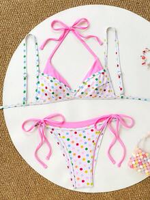 Swim Vcay 女款 2 件組海灘夏季套裝，多色隨機印花肩帶上衣與比基尼泳褲，2 合 1 泳裝套裝 - 彩色 - 查看 3