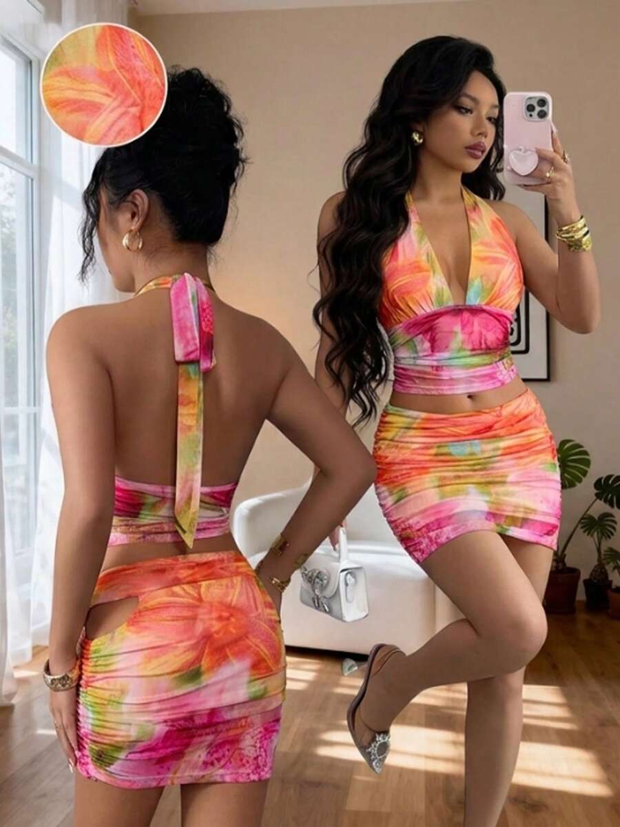 Barévion Digital Pink Tropical Spaghetti Strap Pleated Cropped Top And Skirt 2-Piece Set For Women Vacation Summer Tropical - Multicolor - View 1