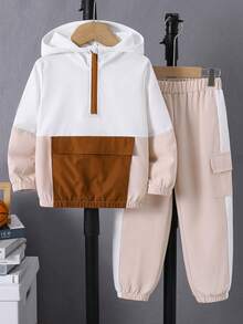 SHEIN Conjunto de 2 piezas de chaqueta con capucha y pantalones cargo con bloques de color y patchwork para niño - Multicolor - Ver 3