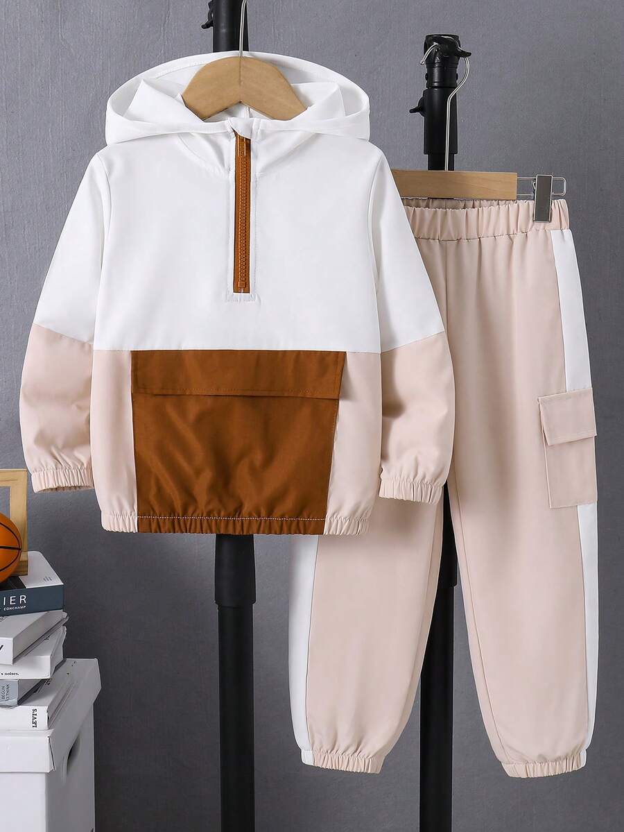 SHEIN Young Boy Colorblock Patchwork Hooded Jacket & Cargo Pants 2 Pieces Set - Multicolor - View 1