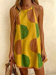 Vaclyn Vacation Casual Colorblock Print Sleeveless Dress - Multicolor - View 4