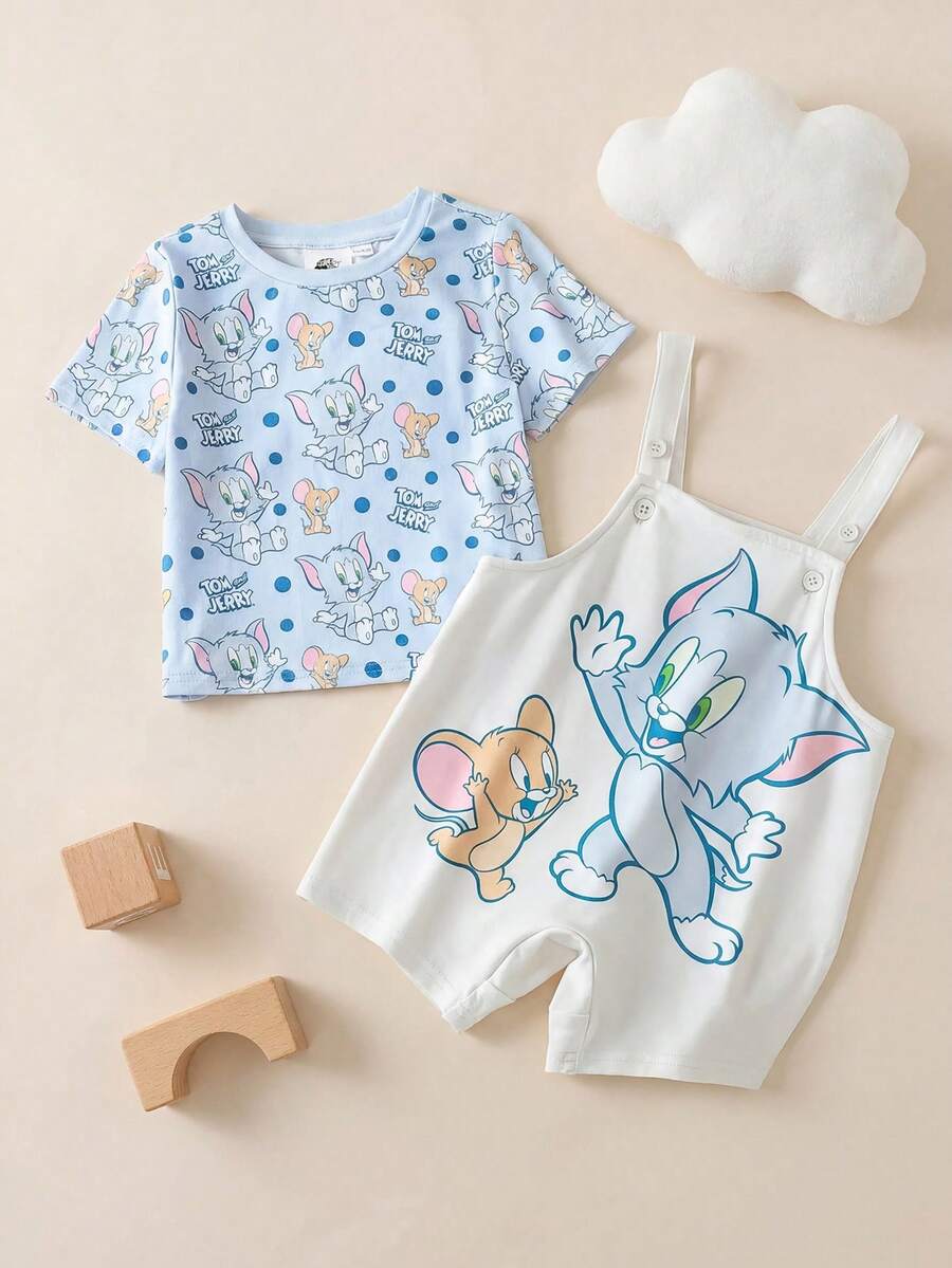 TOM & JERRY X SHEIN 男婴卡通图案蓝色可爱搞笑短袖T恤和可爱围兜工作服套装 - 彩色 - 查看 1