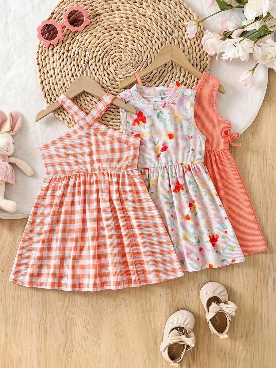 SHEIN Playful Pals 3件組女嬰時尚多巴胺色無袖洋裝，夏季戶外穿搭