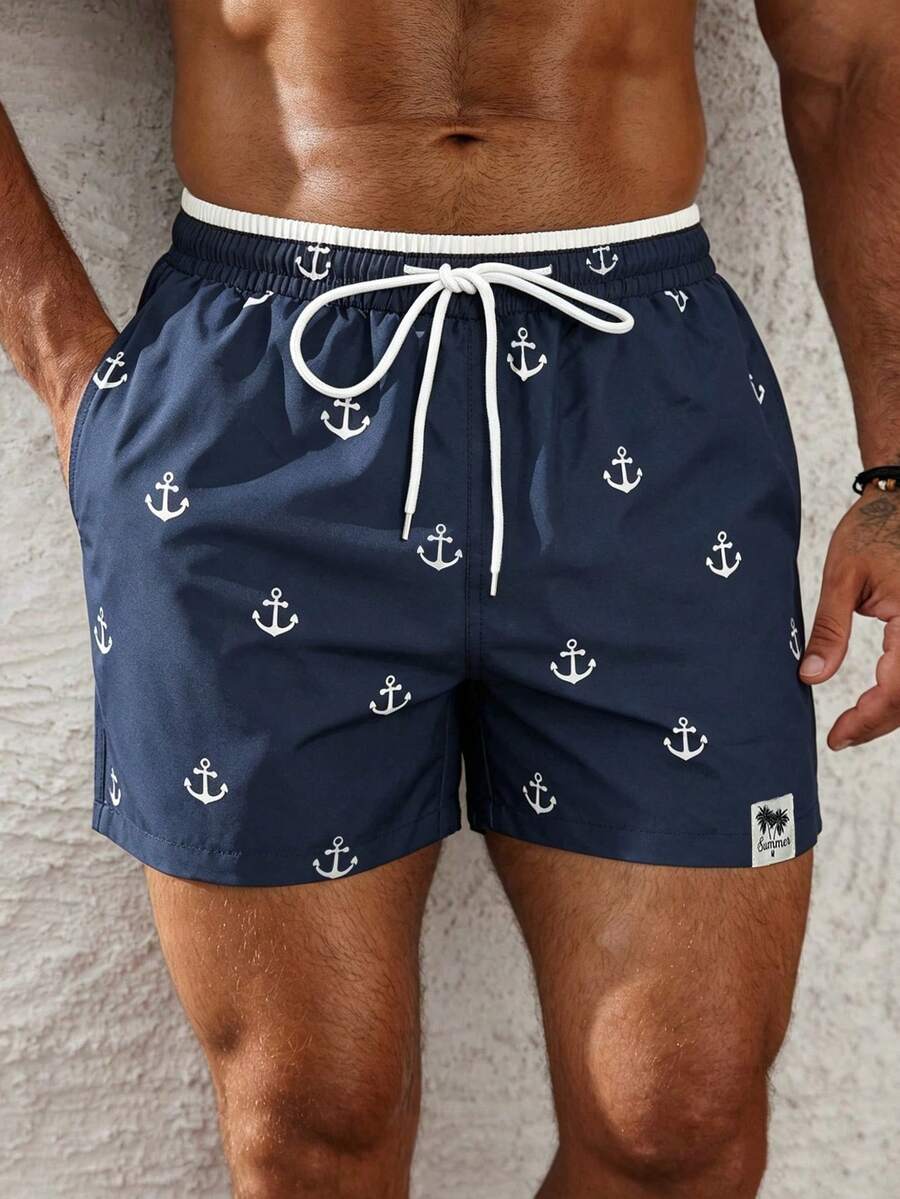 Palasendo Pantalones cortos de playa para hombre con estampado de ancla y cintura con cordón, para vacaciones - Multicolor - Ver 1