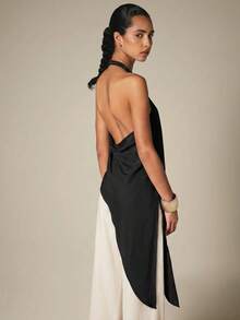 KSTM Halter Neck Asymmetric Draped Top With Open Back And Flowing Scarf Detail For Evening And Summer Occasions - Black - View 2