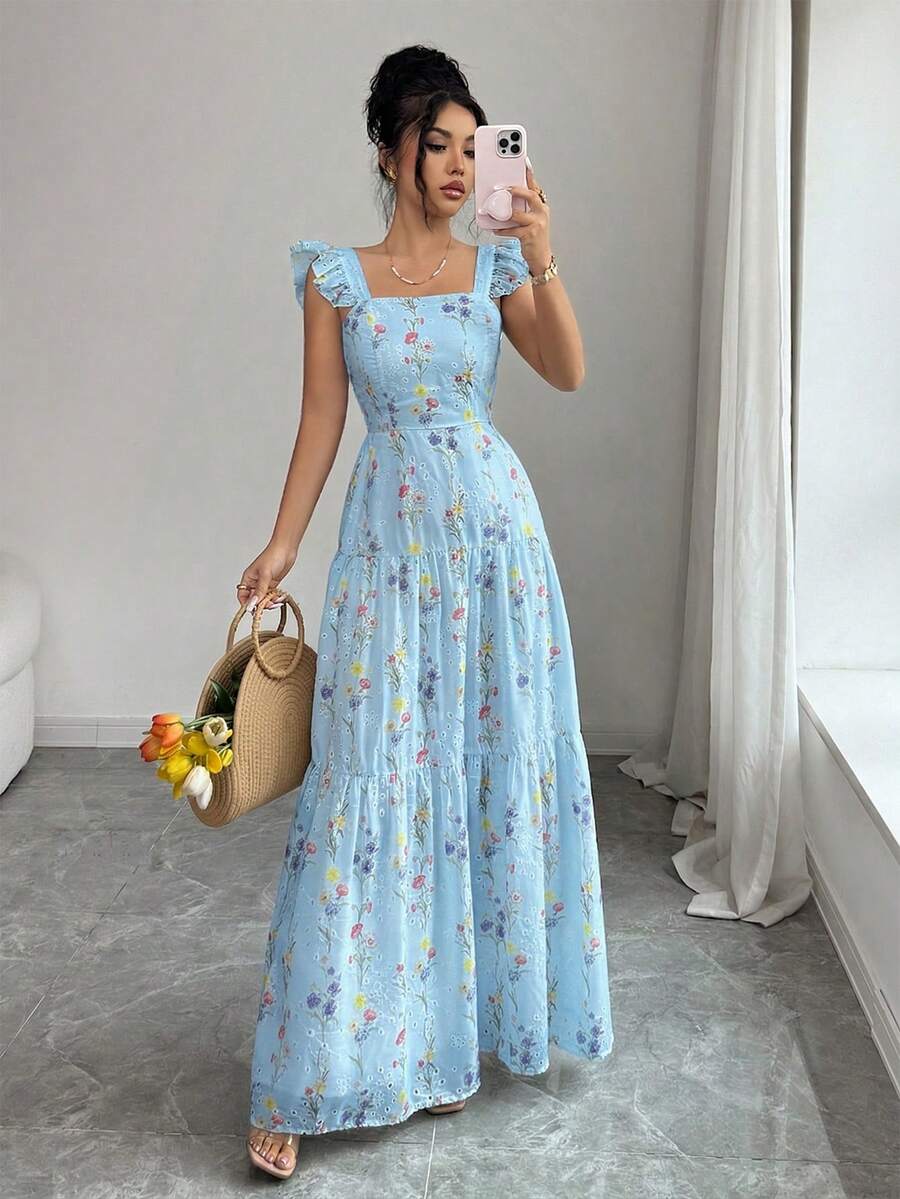 SHEIN Elenzya 女士春夏优雅别致碎花印花荷叶边肩带腰带A字连衣裙,适合通勤、郊游、野餐、情人节约会、温泉度假、海滩聚会、旅游休闲度假等场合。 - 淺藍色 - 查看 1