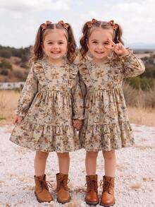 Emery Rose Kids Emery Rose Kids 女童格紋寬鬆可愛休閒燈芯絨法式洋裝，荷葉邊下擺、荷葉袖、長袖，秋冬格紋洋裝，夏秋款，非常適合休閒日常穿著與學校日常穿著，母女/姐妹套裝 - 彩色 - 查看 3