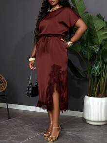 SHEIN Clasi Plus Size Women's Summer Batwing Sleeve Dress Brown Polka Dot Suitable For Daily Commute Dinner Evening Wedding Guest Casual Formal Elegant - Burgundy - View 6